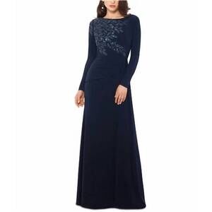 NEW XSCAPE long sleeve sequin shoulder gown in navy